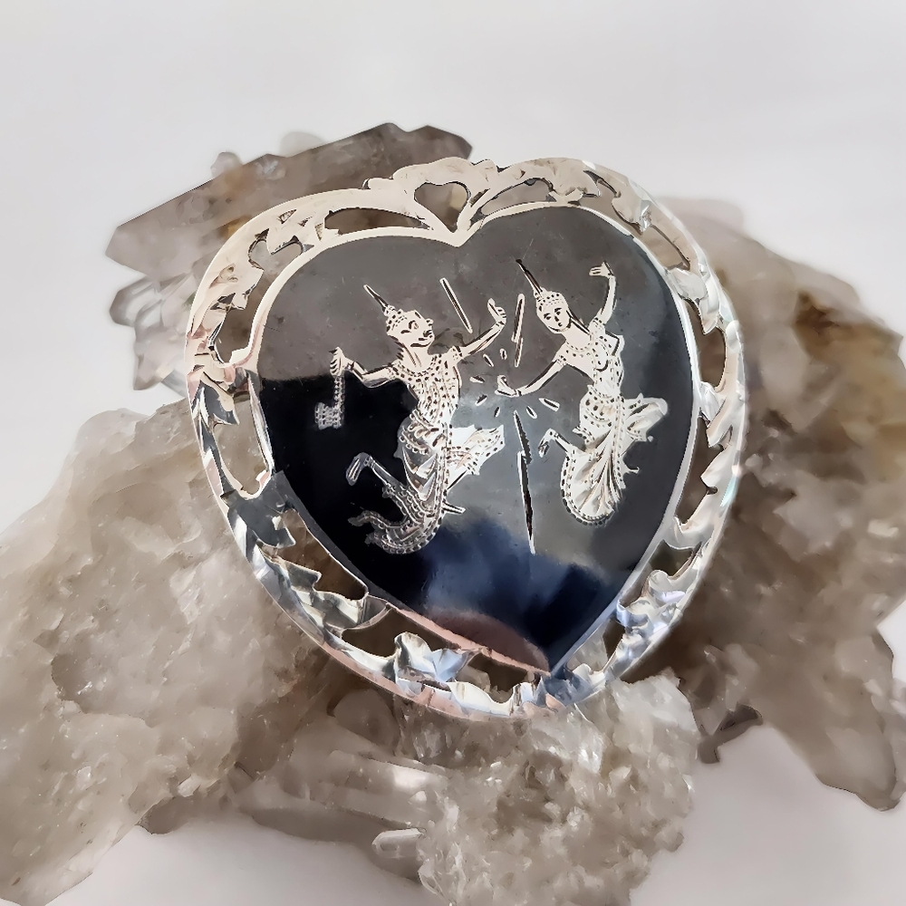 Antique Siam Nielloware Heart Brooch Pin w/ Ornate Diamond cutout edging
